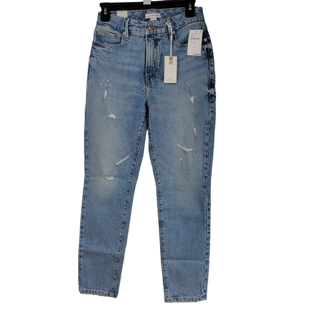 Good American Jeans sz 00 High Rise Grunge Distressed 24x28 Indigo046 $169 NWT